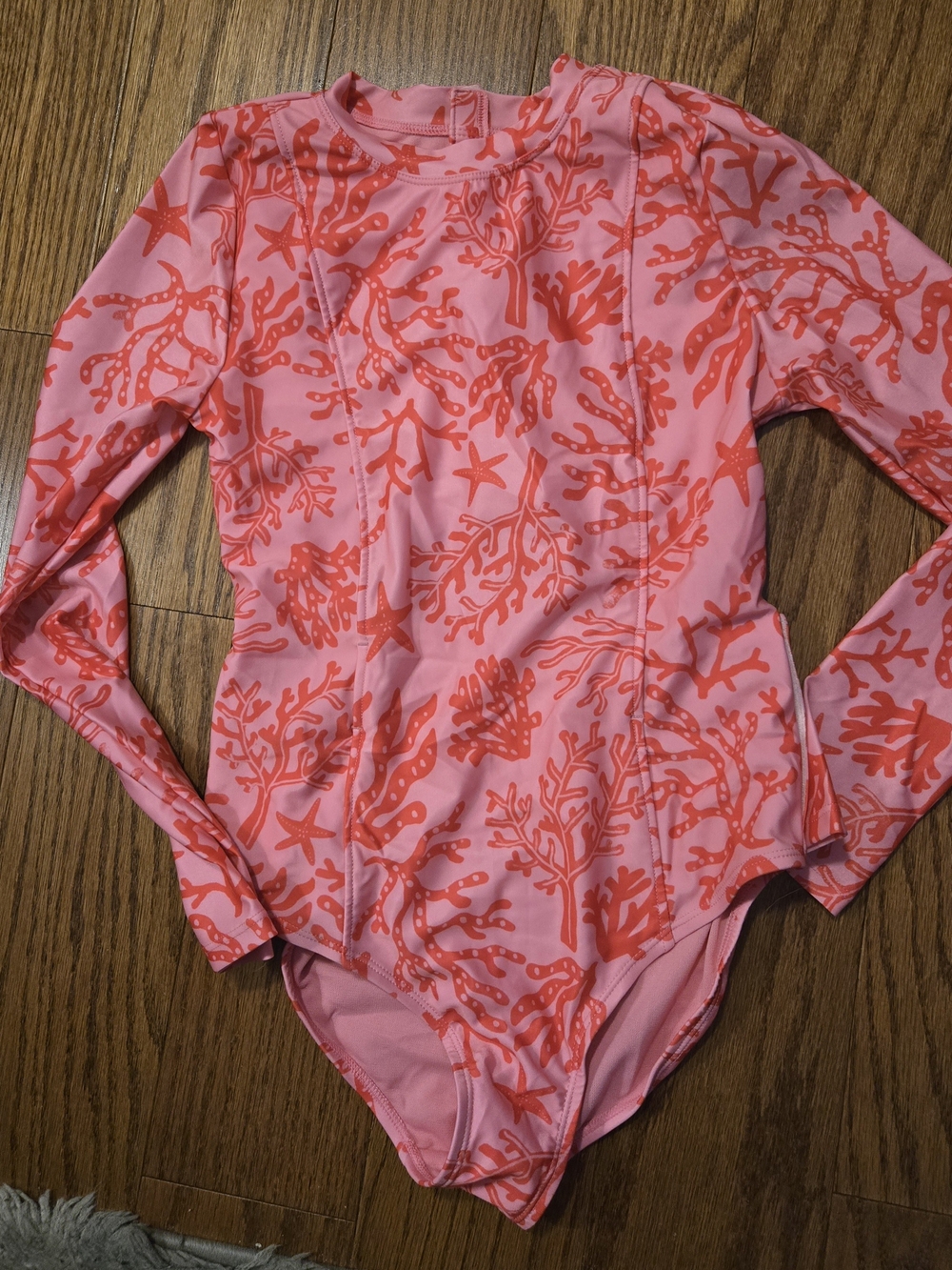 George Pink and Coral Reef Print Long-Sleeve Kids Swim Bodysuit 14/16